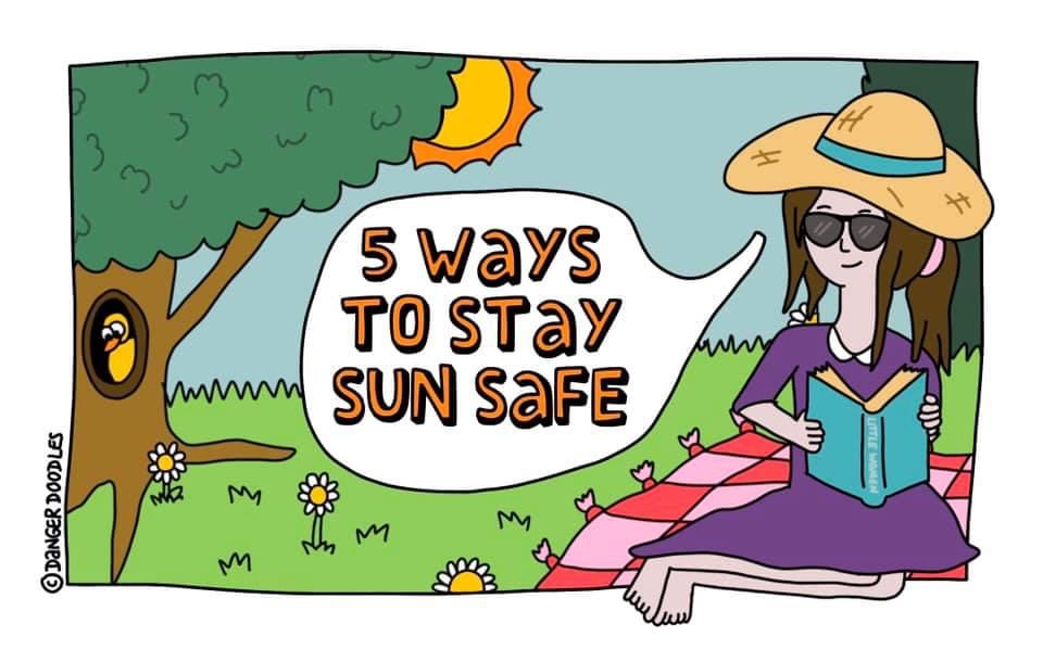 Text reads “5 ways to stay sun safe” in speech bubble coming from girl wearing shades and sun hat, sat on blanket reading a book, with trees surrounding.