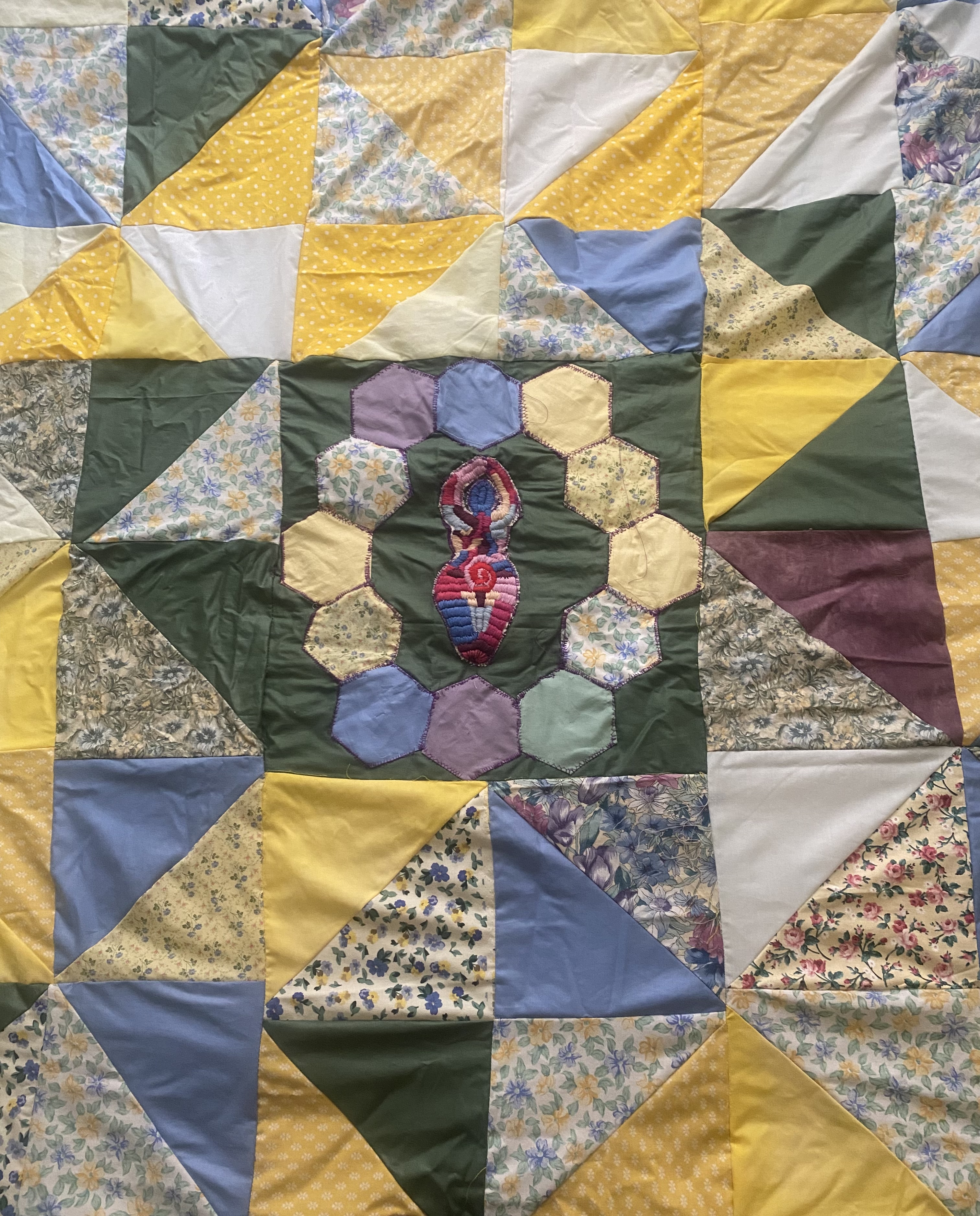 Goddess quilt, embroidery and recycled textiles 
