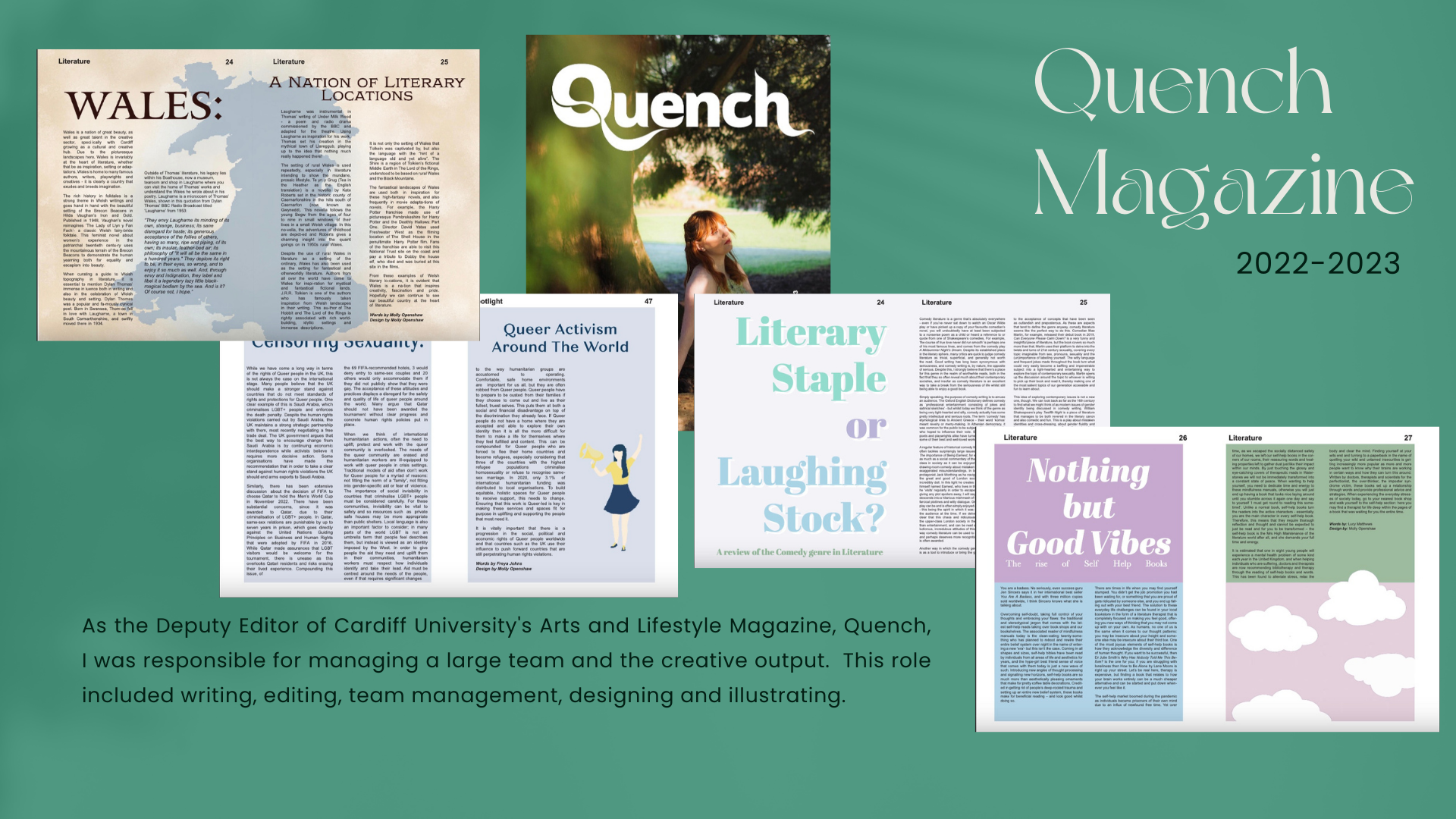 This is a portfolio of Molly's work, with examples of pages in Quench magazine.