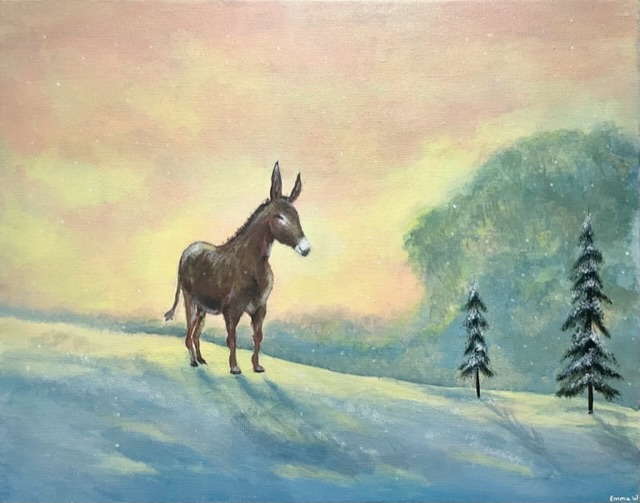 “A dreamy donkey Christmas” an acrylic landscape painting with a donkey 
