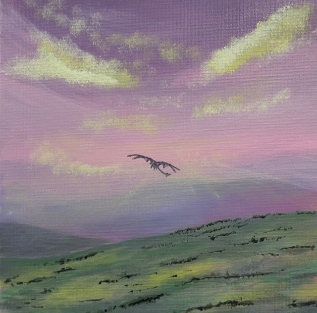 “Where dragons soar and dream” an acrylic landscape painting with a dragon 