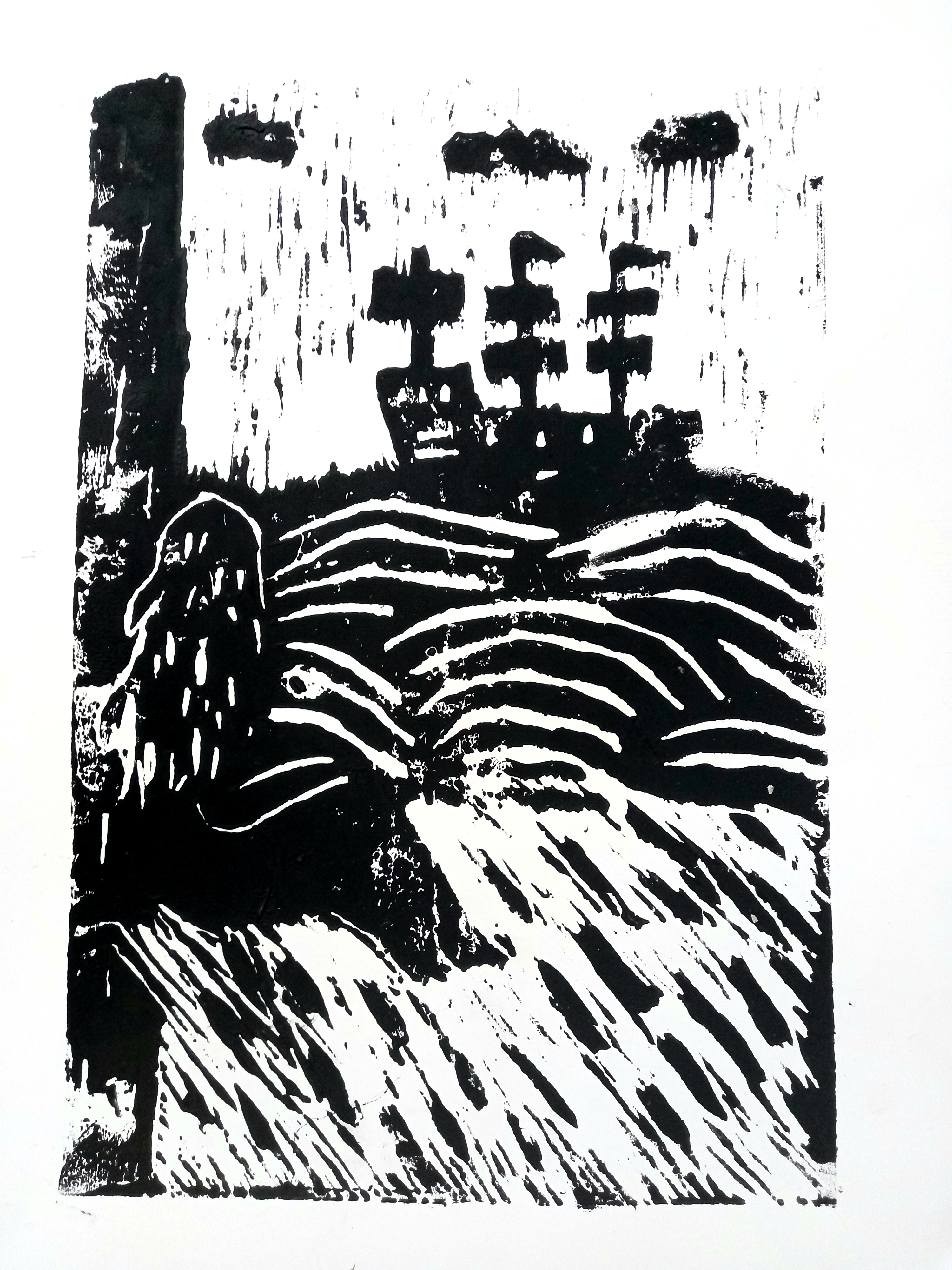 Welsh female heroines fighting her own battles. Exploring the dark themes of sexism, violence and feminism in this retelling theough rough printmaking and black and white imagery.
