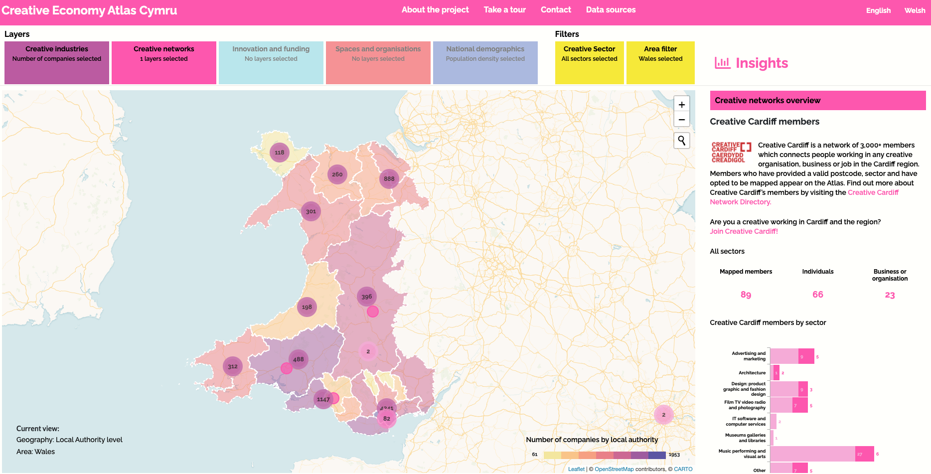 Map of Wales showing the Creative Cardiff network members layer of data