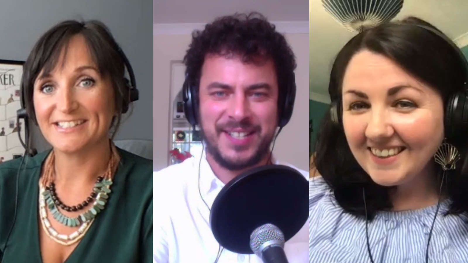 Kathryn Lewis, Alex Rees and Kayleigh Mcleod selfies recording podcast
