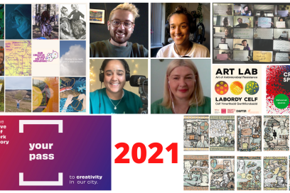 Composite image of Creative Cardiff 2021 activity including Our Creative Place and podcast headshots