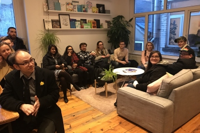 Students from Cardiff University, University of South Wales and Cardiff Metropolitan University sit at Rabble Studio to hear from founder Dan Spain