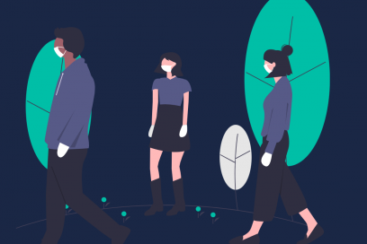 Animated picture of people walking with masks on