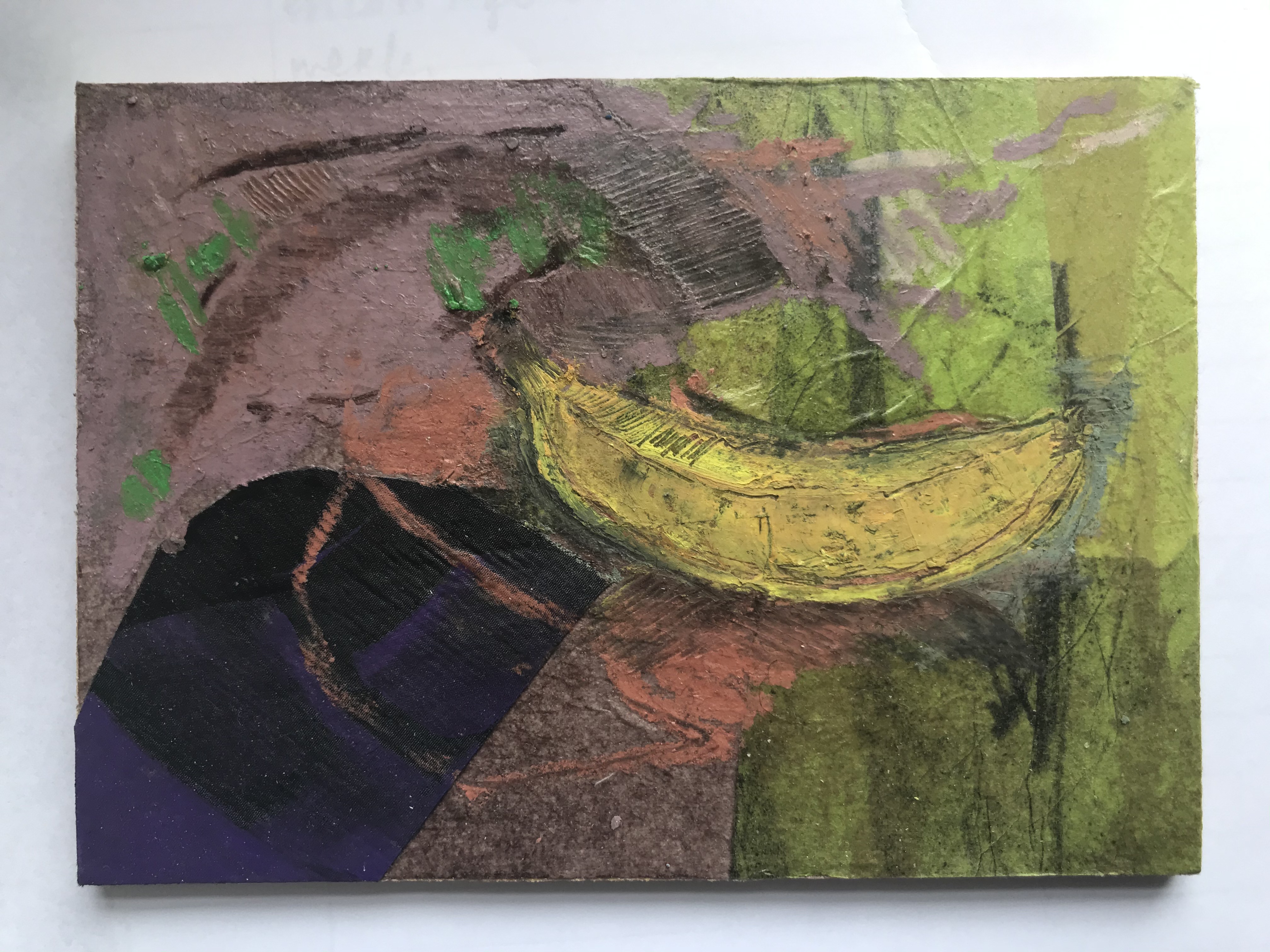 The last Banana, 2021 Oil and mixed media on MDF board showing a banana on the right, on a lime green background. The left side is purple and contains collaged elements also in purple.