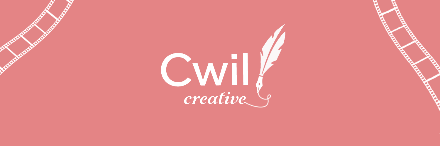 Red background with text saying "Cwil Creative," the logo of the business Cwil Creative. One of the l's is replaced by a quill pen, and the photo is framed by white strips of film.
