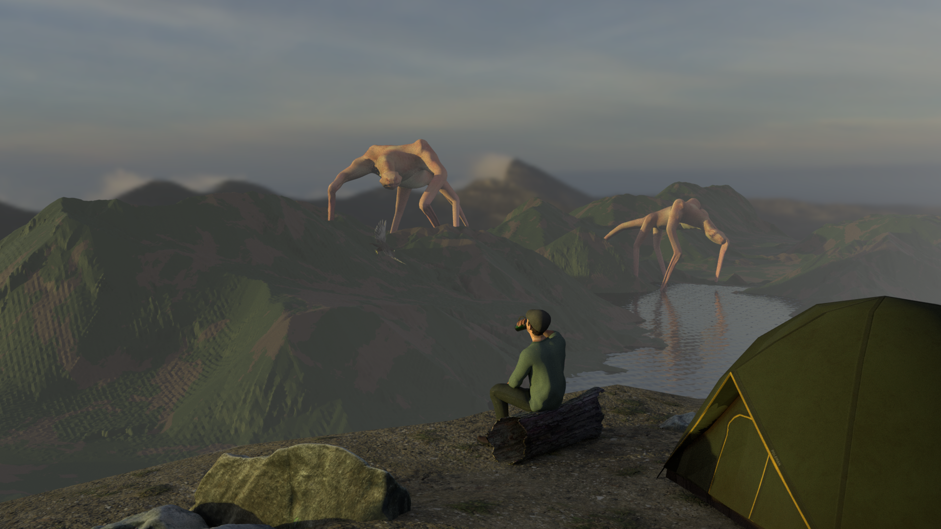 A render of a man drinking coffee on top of a mountain, looking out towards two giant creatures roaming in the distance