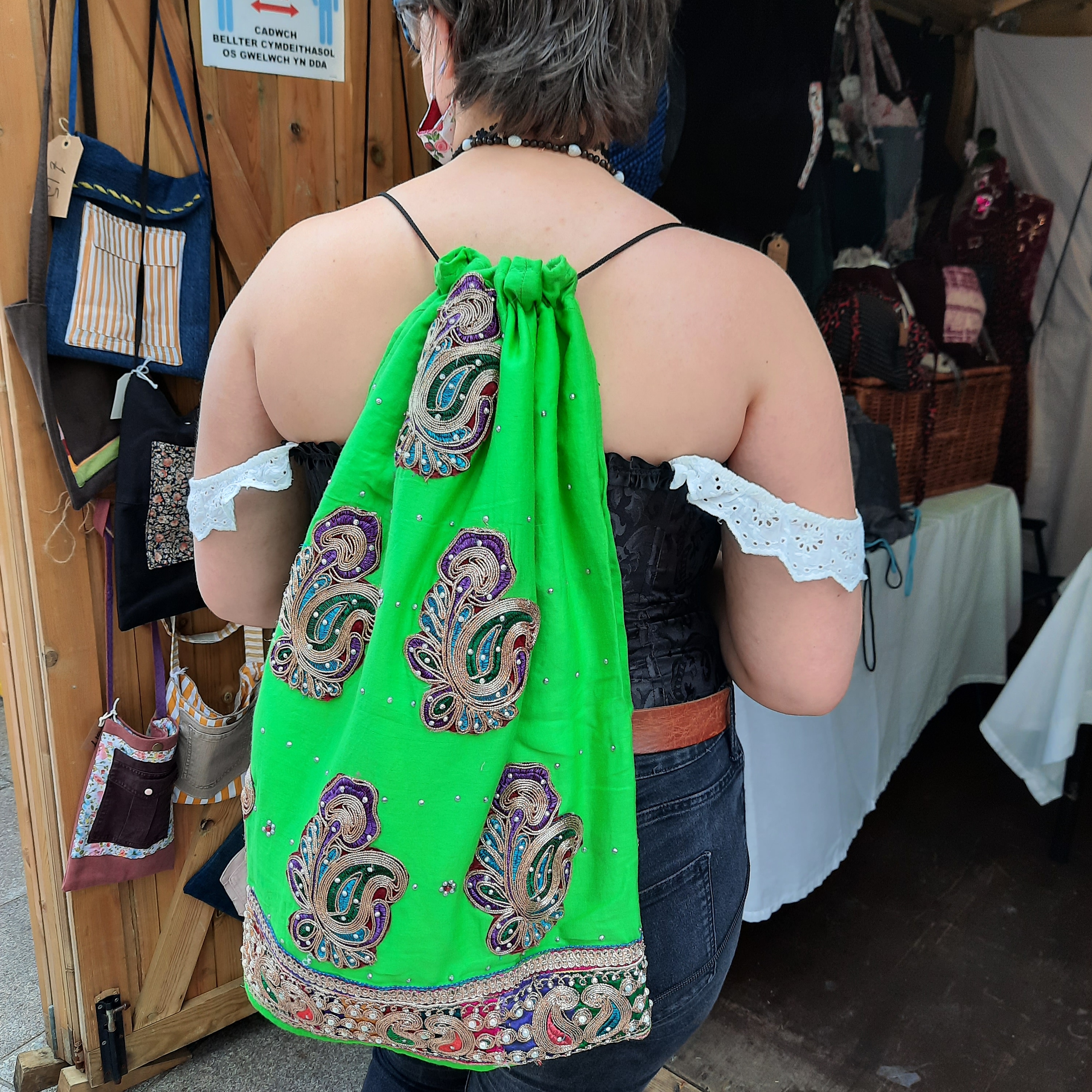  drawstring backpack made from an Indian tunic