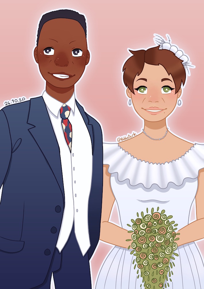 A couple, a black, taller man in a navy suit, next to a white, shorter woman, with short hair, in an off the shoulder wedding dress, holding a bouquet of flowers