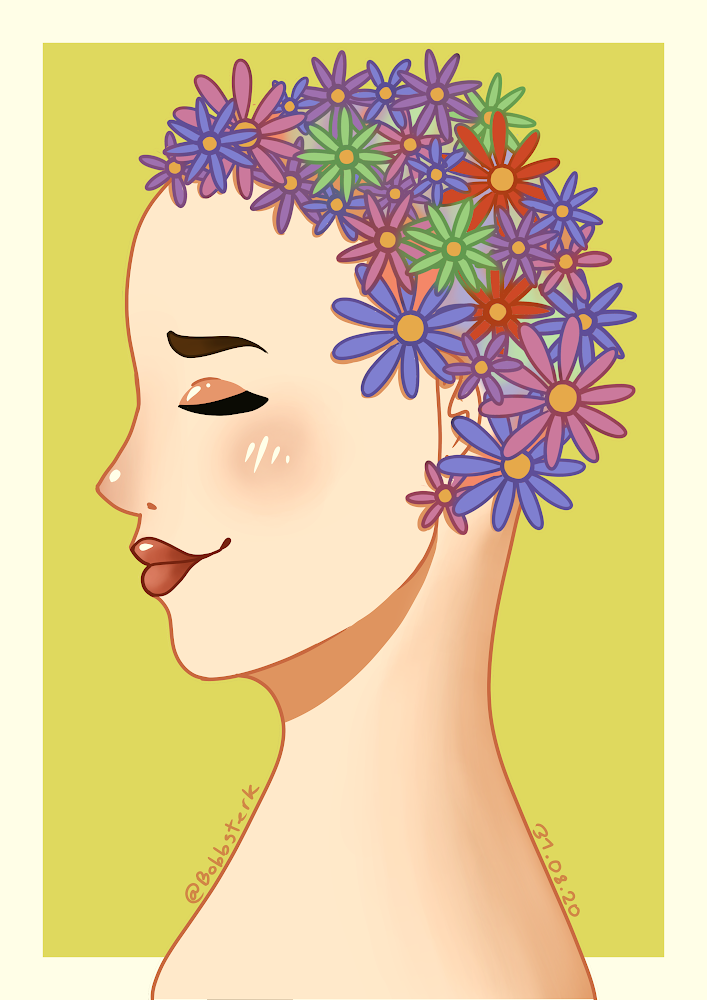 A profile view of a portrait of a woman with closed eyes, her head being covered in flowers instead of hair