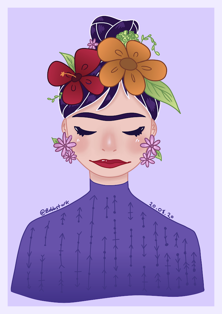An interpretation of Freida Khalo with closed eyes, with a red and orange flower in her hair (dark purple), and a bun at the top of her head.