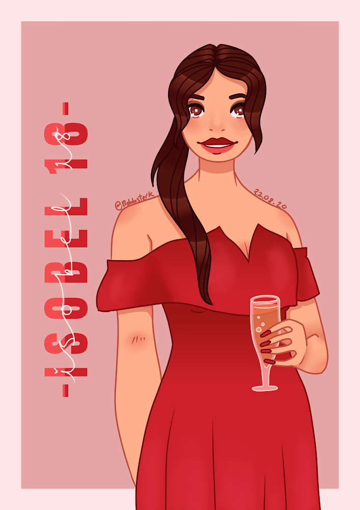 A print of a girl in a red dress (off the shoulder) and dark brown hair in a long ponytail, holding a glass of champagne, with the text ‘-ISOBEL 18-‘ in a bold and cursive font to her left