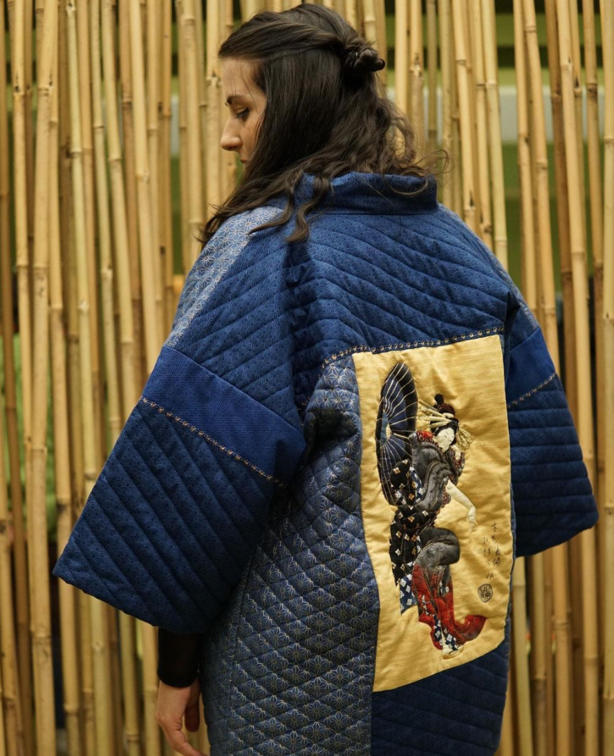 Quilted Japanese Inspired Hanten Jacket with gold hand embroidery. I wore this to the V&A museum's Kimono Kyoto to Catwalk Exhibition 
