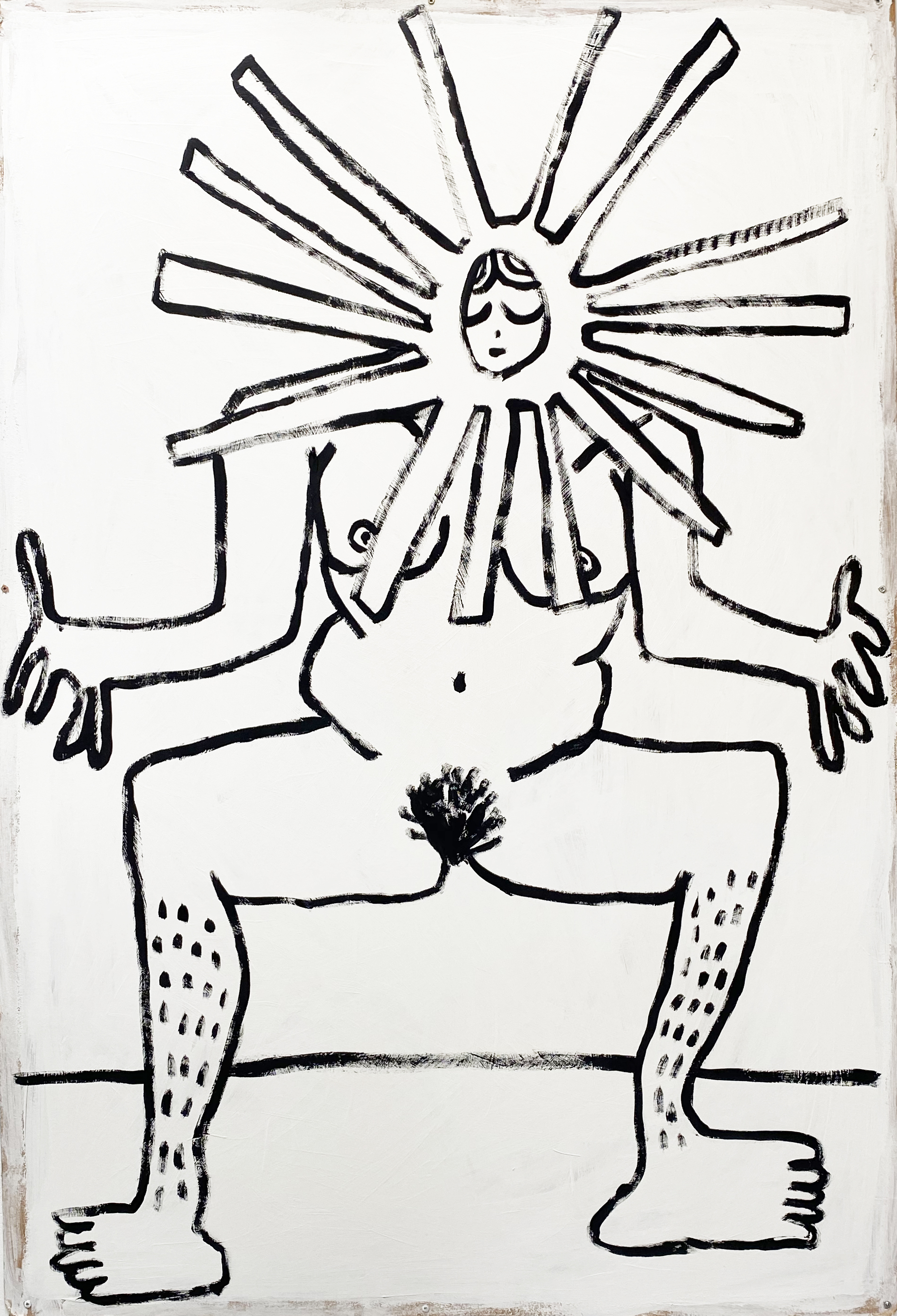 A bold painting of a figure in a powerful stance. Standing low with her legs open, hands outstretched- she wears a headdress of the sun.