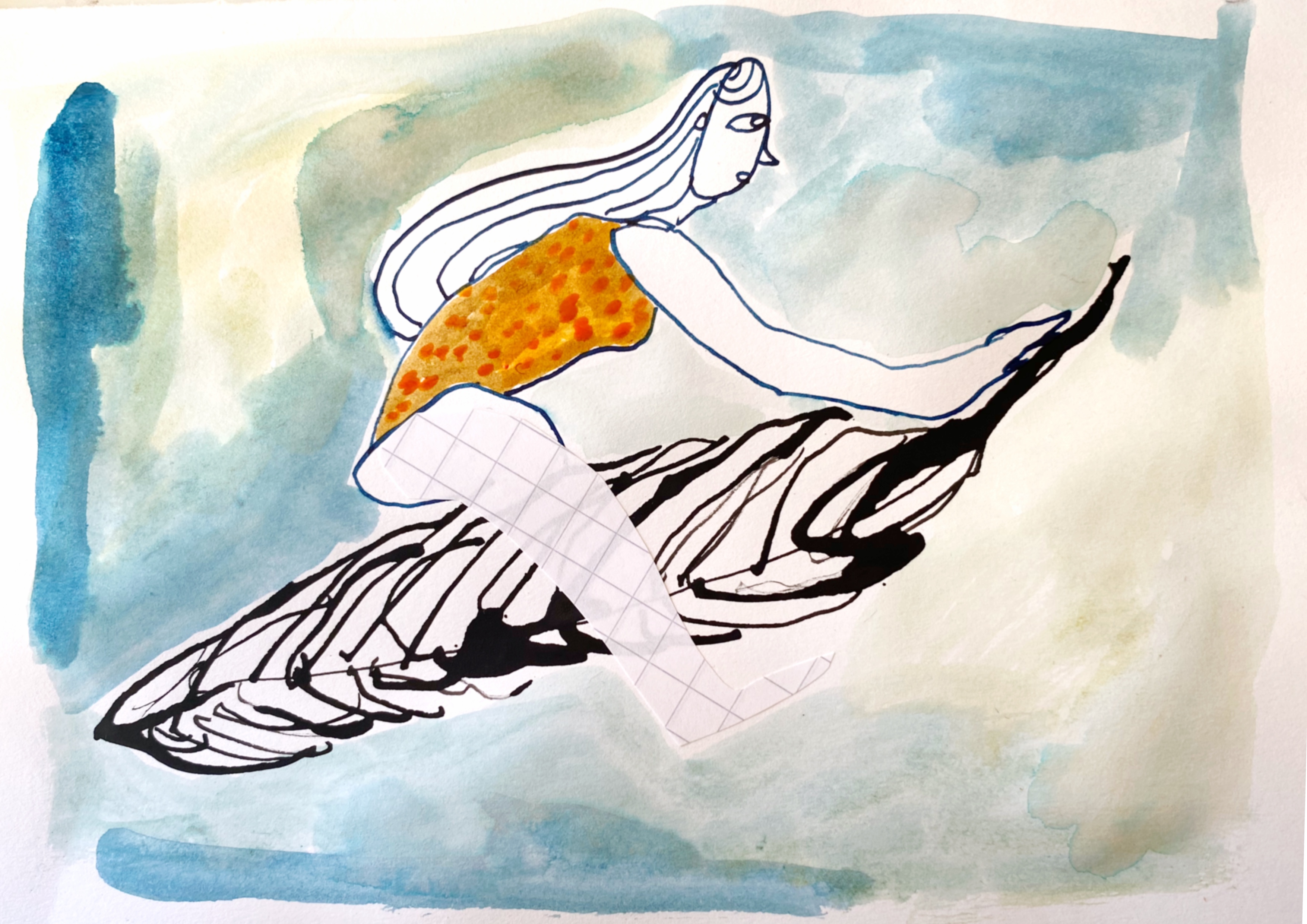 A figure in flight through the sky. She is riding a feather.