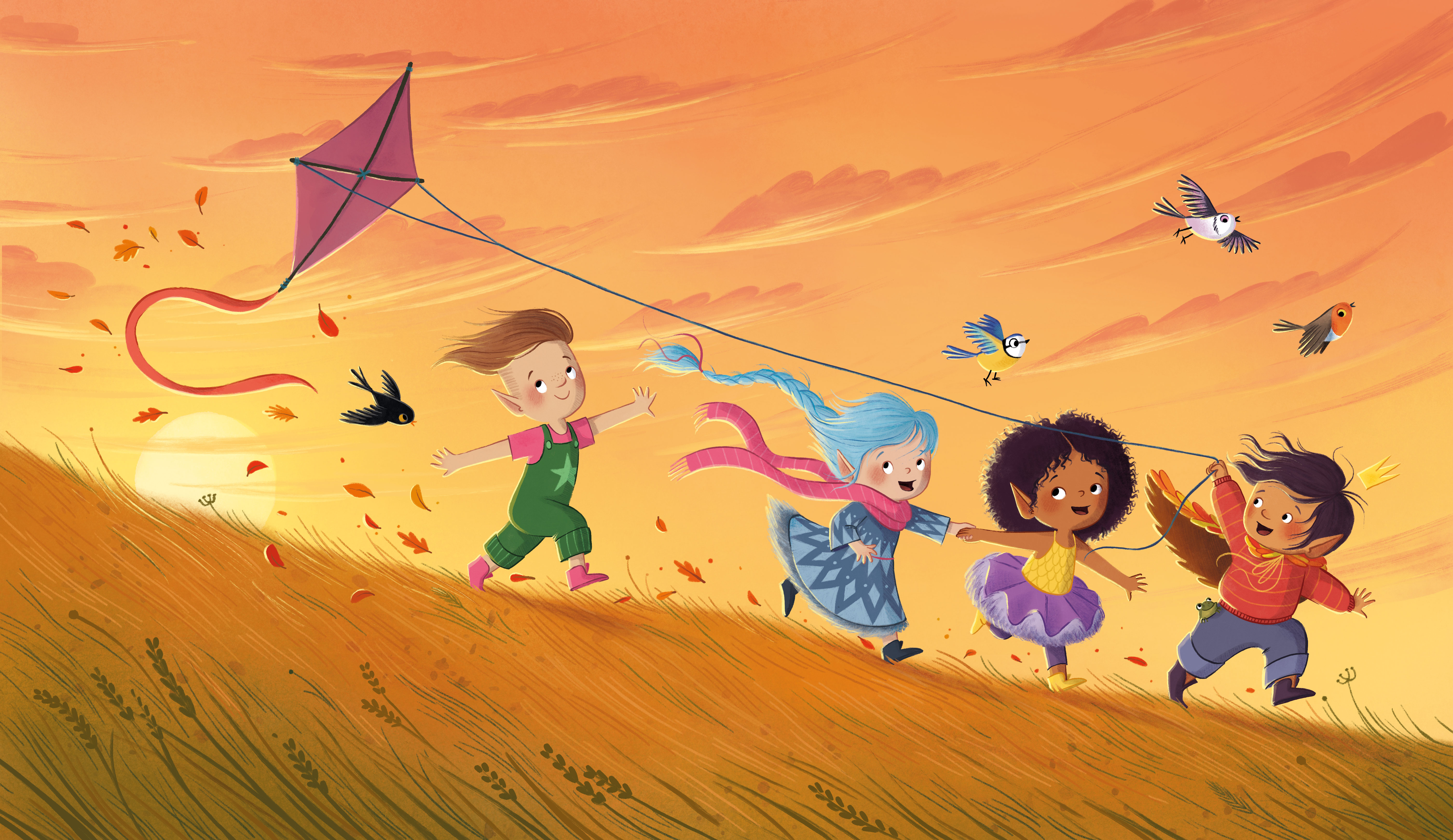Illustration of four friends flying a kite at sunset