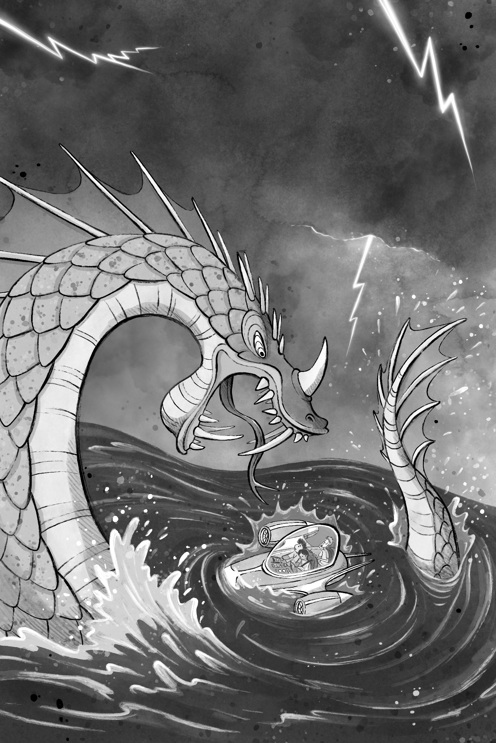 Illustration of snake monster attacking rocket ship in water