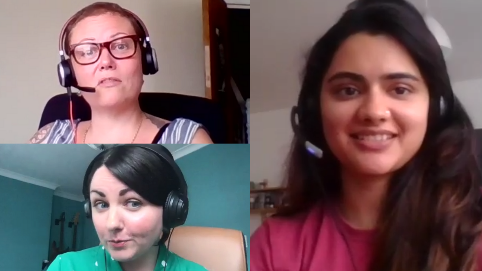 Podcast recording selfies from Claire Parry-Witchell, Kayleigh Mcleod & Prateeksha Pathak