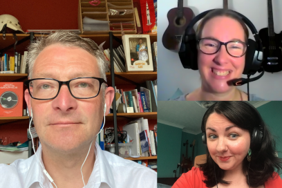Professor Chris Speed, Kelly Barr and Kayleigh Mcleod headshots recording podcast from home